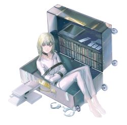 Rule 34 | 1boy, alternate hair length, alternate hairstyle, androgynous, barefoot, book, bound, bound arms, briefcase, cangchen, choker, collarbone, commentary request, cuffs, enkidu (fate), fate/grand order, fate (series), full body, green hair, handcuffs, in container, looking at viewer, medium hair, rolling suitcase, solo, straitjacket, suitcase, tied up (nonsexual), white background