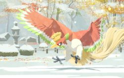 Rule 34 | animal focus, bird, bush, closed mouth, commentary request, creatures (company), day, fence, game freak, gen 2 pokemon, ho-oh, komepan, legendary pokemon, light rays, nintendo, no humans, outdoors, pokemon, pokemon (creature), red eyes, solo, talons, tree