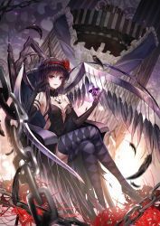 Rule 34 | 1girl, akemi homura, akuma homura, argyle, argyle clothes, argyle legwear, armchair, bare shoulders, black dress, black gloves, black hair, bottle, bow, breasts, chain, chair, choker, cleavage, cleavage cutout, clothing cutout, crossed legs, dress, elbow gloves, feathered wings, feathers, flower, gears, gloves, hair between eyes, hair bow, hair ribbon, highres, holding, holding bottle, limit x, long hair, looking at viewer, mahou shoujo madoka magica, mahou shoujo madoka magica: hangyaku no monogatari, open mouth, perfume bottle, purple eyes, ribbon, sitting, smile, solo, tattoo, thighhighs, wings