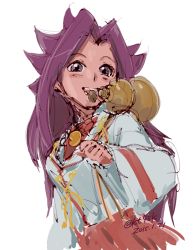 Rule 34 | 10s, 1girl, 2015, 4suke, :d, alcohol, blush, dated, gourd, jun&#039;you (kancolle), kantai collection, long hair, long sleeves, mouth hold, onmyouji, open mouth, purple eyes, purple hair, sake, sake barrel, simple background, smile, solo, spiked hair, twitter username, white background