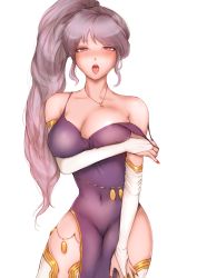Rule 34 | 1girl, bare shoulders, blush, breasts, cleavage, elbow gloves, fire emblem, fire emblem: genealogy of the holy war, gloves, highres, ishtar (fire emblem), jtaka, large breasts, long hair, looking at viewer, midriff, nail polish, nintendo, nipples, open mouth, ponytail, purple eyes, red nails, see-through, side ponytail, thighs, tongue, tongue out, undressing