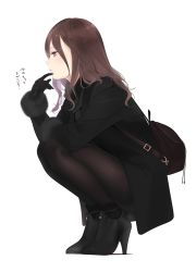 Rule 34 | 1girl, ama mitsuki, ankle boots, bag, black coat, black footwear, black gloves, black pantyhose, black scarf, boots, brown eyes, brown hair, coat, commentary request, fine fabric emphasis, from side, full body, gloves, high heel boots, high heels, long hair, long sleeves, looking away, original, pantyhose, parted lips, profile, scarf, shadow, simple background, solo, squatting, translation request, white background, winter clothes