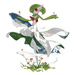 Rule 34 | 1girl, apios, arms up, blush, bob cut, colored skin, creatures (company), female focus, flat chest, flower, full body, game freak, gardevoir, gen 3 pokemon, grass, green hair, green skin, hair over one eye, happy, highres, leg up, light blush, looking down, multicolored skin, nintendo, one eye covered, open mouth, orange flower, pokemon, pokemon (creature), red eyes, red flower, short hair, simple background, smile, solo, standing, standing on one leg, two-tone skin, white background, white skin