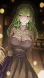 Rule 34 | 1girl, absurdres, arms behind back, black dress, blurry, blurry background, breasts, covered collarbone, dress, green hair, highres, lace, large breasts, long hair, looking at viewer, party, purple eyes, self-upload, shiraitoart983, solo, sousou no frieren, standing, ubel (sousou no frieren)