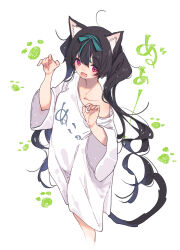 Rule 34 | 1girl, :d, animal ears, black hair, blush, breasts, cat ears, claw pose, clothes writing, collarbone, fang, feet out of frame, hamayumiba sou, heart, heart in eye, highres, kemonomimi mode, long hair, looking at viewer, loose hair strand, midori hemo, ochikobore fruit tart, off shoulder, open mouth, oversized clothes, oversized shirt, paw print, shirt, simple background, skin fang, sleeves past elbows, small breasts, smile, solo, standing, symbol in eye, translation request, twintails, very long hair, white background, white shirt, wide sleeves