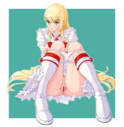 Rule 34 | 1girl, anus, blonde hair, blunt bangs, boots, breasts, censored, dress, emilie de rochefort, frills, gloves, green background, jeibii, knee boots, long hair, looking at viewer, namco, nipples, panties, panty pull, parted lips, pussy, sitting, solo, tekken, tekken tag tournament 2, tsurime, two-tone background, underwear, white background, white panties