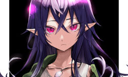 Rule 34 | 1girl, akebisousaku, black background, closed mouth, commentary request, crossed bangs, fang, green jacket, hair between eyes, highres, irina luminesk, jacket, jewelry, long hair, looking at viewer, multicolored hair, partial commentary, pendant, pink eyes, pointy ears, purple hair, shirt, simple background, slit pupils, solo, tsuki to laika to nosferatu, upper body, white shirt