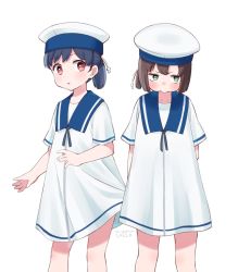 Rule 34 | 2girls, arms behind back, artist name, black hair, blue sailor collar, blush, brown hair, clothes lift, clothes pull, commentary request, daitou (kancolle), dress, dress lift, dress pull, green eyes, hat, hiburi (kancolle), high ponytail, kantai collection, looking at viewer, multiple girls, pout, pulling another&#039;s clothes, red eyes, sailor collar, sailor dress, sailor hat, short hair, short sleeves, sidelocks, simple background, totto (naka), white background, white dress, white headwear