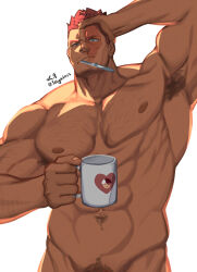 Rule 34 | 1boy, abs, armpit hair, armpits, bara, blue eyes, boku no hero academia, burn scar, chest hair, closed mouth, completely nude, cup, endeavor (boku no hero academia), facial hair, feiya6022, highres, holding, holding cup, large pectorals, looking at viewer, male focus, male pubic hair, mature male, muscular, muscular male, navel, nipples, nude, pectorals, pubic hair, red hair, scar, scar on face, short hair, simple background, solo, twitter username, white background