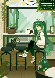 Rule 34 | 1girl, backpack, bag, black pantyhose, blush, brown eyes, cafe, cat, commentary, cowlick, crossed legs, cup, green eyes, green hair, green jacket, green skirt, hatsune miku, highres, indoors, jacket, letterman jacket, long hair, looking at viewer, megurine luka, nike (company), nike air force 1, pantyhose, parted lips, plant, pleated skirt, potted plant, projecttiger, shoes, sitting, skirt, smile, sneakers, solo, stool, symbol-only commentary, takoluka, tree, twintails, unworn bag, very long hair, vocaloid