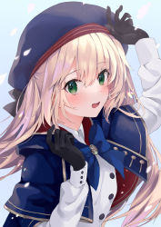 Rule 34 | 1girl, absurdres, artoria caster (fate), artoria caster (second ascension) (fate), artoria pendragon (fate), black bow, black gloves, blonde hair, blue bow, blue capelet, blue hat, blush, bow, bowtie, buttons, capelet, collared dress, commentary request, dress, fate/grand order, fate (series), gloves, gold trim, green eyes, hair between eyes, hair bow, hat, highres, kashuu (pixiv 66328082), long hair, long sleeves, looking at viewer, smile, solo, teeth, twintails, upper body, upper teeth only, very long hair, white dress