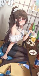 Rule 34 | 1girl, :d, alcohol, artist request, bare shoulders, black hair, black pantyhose, black skirt, blue eyes, blush, bottle, breasts, brown hair, brown pantyhose, cleavage, commentary, commission, cup, drinking glass, frilled shirt, frills, green eyes, hair ornament, hair scrunchie, high-waist skirt, highres, id card, indoors, large breasts, long hair, looking at viewer, medium breasts, miniskirt, no shoes, nose blush, off-shoulder shirt, off shoulder, office lady, open mouth, original, pantyhose, pencil skirt, ponytail, scrunchie, second-party source, shirt, short sleeves, sidelocks, sitting, skirt, smile, solo, thighs, very long hair, wariza, white shirt