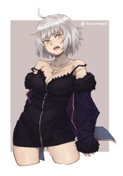 Rule 34 | 1girl, ahoge, bare legs, bare shoulders, blue jacket, breasts, cleavage, collarbone, fate/grand order, fate (series), fumato, highres, jacket, jeanne d&#039;arc (fate), jeanne d&#039;arc alter (fate), jeanne d&#039;arc alter (ver. shinjuku 1999) (fate), looking at viewer, official alternate costume, open mouth, short hair, silver hair, simple background, solo, yellow eyes