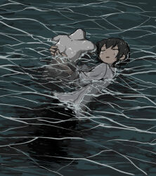 Rule 34 | 1boy, afloat, black hair, blush, caustics, closed eyes, crying, dress shirt, facing to the side, facing up, from above, frown, hugging object, male focus, mannequin, ocean, open mouth, original, outdoors, partially submerged, shirt, short hair, sleeves rolled up, solo, umi ha kirai, waves, wet, wet clothes, wet hair, wet shirt, white shirt