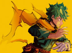 Rule 34 | 1boy, artist name, belt, bodysuit, boku no hero academia, cape, closed mouth, commentary, english commentary, freckles, frown, gloves, green bodysuit, green eyes, green hair, hands up, highres, male focus, midoriya izuku, pepijopa, red belt, scar, scar on arm, scar on hand, short hair, simple background, single glove, solo, torn cape, torn clothes, white gloves, yellow background, yellow cape