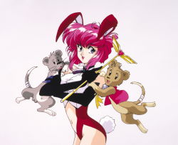Rule 34 | 1990s (style), 1girl, absurdres, animal, animal ears, bandages, black eyes, black gloves, blue eyes, blue jacket, bow, bowtie, breasts, cowboy shot, crossed arms, elbow gloves, fang, gloves, heart, highres, holding, jacket, large breasts, leotard, lion, lioness, lipstick, looking at viewer, magical girl, makeup, misty may, navel, nega-king, official art, open mouth, otaku no video, pink hair, posi-king, rabbit ears, rabbit tail, red leotard, retro artstyle, ribbon, short hair, simple background, sleeveless, smile, sonoda ken&#039;ichi, spring onion, swimsuit, tail, testicles, tongue, wand, whiskers, wings