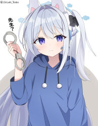 1girl absurdres animal_ears blue_archive blue_halo blue_hoodie chisaka_raku cuffs fake_animal_ears halo handcuffs highres holding holding_handcuffs hood hoodie long_hair looking_at_viewer miyako_(blue_archive) miyako_(young)_(blue_archive) official_alternate_costume one_side_up purple_eyes rabbit_ears solo white_hair