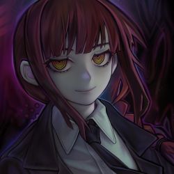 Rule 34 | 1girl, bad id, bad pixiv id, black necktie, braid, braided ponytail, chainsaw man, collared shirt, formal, highres, long coat, makima (chainsaw man), necktie, pale skin, red hair, ringed eyes, shirt, sidelocks, simple background, suit, v1v404, yellow eyes