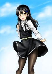 Rule 34 | 1girl, black dress, black hair, black pantyhose, blue sky, brown eyes, cloud, commentary request, dress, feet out of frame, hair ornament, hairclip, kantai collection, kudou (ooabareteng), long hair, looking at viewer, official alternate costume, oyashio (kancolle), pantyhose, sky, smile, solo, standing, sweater, white sweater