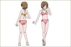 Rule 34 | 00s, 1girl, ass, bikini, blush, breasts, brown hair, collarbone, from behind, gunslinger girl, henrietta (gunslinger girl), looking at viewer, lowres, navel, open mouth, pink bikini, sandals, short hair, small breasts, smile, striped bikini, striped clothes, swimsuit