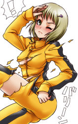 Rule 34 | 10s, 1girl, arm up, ass, bad id, bad pixiv id, blonde hair, blush, bruce lee&#039;s jumpsuit, female focus, green eyes, hair ornament, hairclip, huang baoling, short hair, solo, sugiya manao, sweatdrop, tiger &amp; bunny, torn clothes, white background, wince