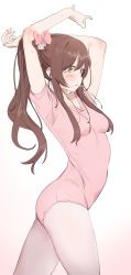Rule 34 | 1girl, absurdres, arms up, blush, bow, breasts, brown eyes, brown hair, dorontabi, from side, gradient background, hair bow, heavy breathing, highres, idolmaster, idolmaster shiny colors, leotard, long hair, medium breasts, navel, osaki tenka, pantyhose, pink bow, pink leotard, ponytail, solo, stretching, sweat, white background, white pantyhose