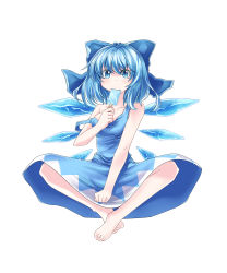 Rule 34 | 1girl, barefoot, blue eyes, blue hair, bow, cirno, clenched hands, dawadawa dawasa, fang, food, full body, hair bow, highres, ice, ice wings, matching hair/eyes, off shoulder, popsicle, short hair, simple background, sitting, solo, strap slip, touhou, white background, wings
