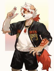 Rule 34 | 1boy, absurdres, animal ears, arknights, black jacket, black shorts, claws, colored tips, furry, furry male, hand on own hip, highres, horns, hung (arknights), jacket, jewelry, kitai su, looking at viewer, male focus, multicolored hair, necklace, pawpads, ponytail, salute, shirt, shorts, single horn, smile, tail, two-finger salute, white shirt