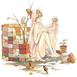 Rule 34 | 1girl, bottle, brick, brick wall, brown eyes, brown hair, hair ornament, kurosawa tomo, looking at viewer, original, plant, potted plant, sitting, solo, white background