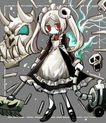 Rule 34 | 1girl, apron, bloody marie (skullgirls), brooch, chibi, dress, energy, frilled apron, frilled dress, frills, grey background, grey hair, hair ornament, half-closed eyes, highres, htsbgalaxy game, jewelry, maid apron, maid headdress, mary janes, red eyes, ribs, shoes, skeleton, skull, skull hair ornament, skullgirls, solo, twintails, vacuum cleaner