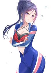 Rule 34 | 1girl, absurdres, black hair, bodysuit, breasts, cleavage, collarbone, crossed arms, diving suit, hair between eyes, halterneck, highres, kobayashi nyoromichi, looking at viewer, love live!, love live! sunshine!!, matsuura kanan, medium breasts, mogyutto &quot;love&quot; de sekkin chuu!, navel, open bodysuit, open clothes, ponytail, purple eyes, shiny clothes, sidelocks, simple background, skin tight, solo, thighs, water drop, wetsuit, white background, zipper pull tab