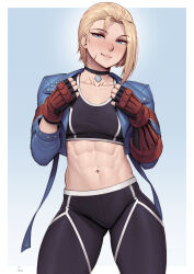 Rule 34 | 1girl, abs, absurdres, black choker, black gloves, black pants, black sports bra, blonde hair, blue background, blue eyes, blue jacket, blush, border, breasts, cammy white, choker, closed mouth, collarbone, commentary, cropped jacket, english commentary, facial scar, fingerless gloves, gloves, highres, jacket, looking at viewer, medium breasts, midriff, navel, pants, pendant choker, scar, scar on cheek, scar on face, short hair, sign, smile, solo, speedl00ver, sports bra, street fighter, street fighter 6, thighs, tight clothes, tight pants, toned, white border, wrist guards