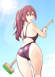 Rule 34 | 10s, 1girl, ass, broom, cleaning brush, competition swimsuit, free!, from behind, matsuoka gou, one-piece swimsuit, ponytail, red eyes, red hair, swimsuit, ueyama michirou