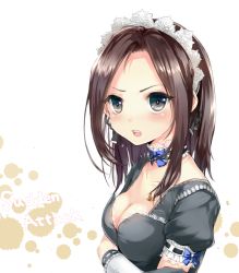 Rule 34 | 1girl, bad id, bad pixiv id, black eyes, bow, breasts, brown hair, choker, cleavage, crossed arms, face, long hair, maid, maid headdress, momoko (momopoco), open mouth, ribbon, solo, sudden attack