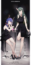 Rule 34 | 2girls, absurdres, alver, arknights, arm up, black dress, black footwear, blue hair, breasts, ch&#039;en (arknights), closed mouth, commentary, copyright name, cup, dragon horns, dress, drinking glass, full body, green eyes, green hair, hair between eyes, hand on own face, hand up, head rest, high heels, highres, holding, holding cup, holding shoes, horns, hoshiguma (arknights), huge filesize, large breasts, light particles, long hair, looking at viewer, multiple girls, open mouth, parted lips, pink eyes, sandals, unworn sandals, shoes, single horn, sitting, sleeveless, sleeveless dress, standing, standing on one leg, stool, table