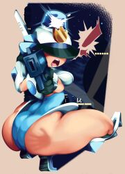 Rule 34 | !, 1girl, angry, ass, breasts, female focus, gun, handprint, helmet, highres, huge ass, kkrispy, leotard, looking at viewer, looking back, medium breasts, mighty switch force!, patricia wagon, simple background, siren, slap mark, solo, spanked, squatting, tagme, thick thighs, thighs, uniform, weapon, wide hips