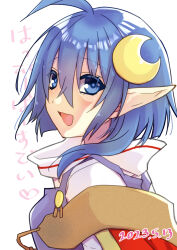 Rule 34 | 1girl, ahoge, blue eyes, blue hair, cape, crescent, crescent hair ornament, hair ornament, long hair, looking at viewer, open mouth, pointy ears, red cape, rena lanford, simple background, smile, solo, star ocean, star ocean the second story, tachibana mitsuki, white background