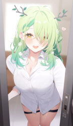 Rule 34 | 1girl, breasts, ceres fauna, cleavage, deyui, green hair, hololive, hololive english, large breasts, long hair, long sleeves, looking at viewer, medium breasts, open mouth, shirt, smile, solo, virtual youtuber, white shirt, yellow eyes
