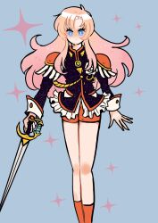 Rule 34 | 1girl, aiguillette, black jacket, blue background, blue eyes, closed mouth, commentary request, epaulettes, feet out of frame, highres, holding, holding sword, holding weapon, jacket, long hair, long sleeves, looking at viewer, pink hair, rabi2651, rapier, red shorts, red socks, shorts, shoujo kakumei utena, socks, solo, sparkle, standing, sword, sword of dios, weapon