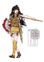 Rule 34 | armor, baton, belt, belt buckle, black hair, buckle, commentary request, dongsa wonhyong, feathers, gladius, greaves, helmet, high ponytail, highres, historical, holding, holding helmet, korean commentary, long hair, looking to the side, open mouth, original, pointing, purple eyes, roman armor, roman empire, sandals, scale armor, sheath, sheathed, short sleeves, shouting, solo, staff, stick, strap, striped, torc, tunic, unworn headwear, unworn helmet, walking, wavy hair, weapon, white background