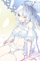 Rule 34 | 1girl, absurdres, ahoge, bare shoulders, bikini, breasts, cleavage, fate/grand order, fate (series), frilled bikini, frills, highres, lady avalon (fate), lady avalon (second ascension) (fate), licking lips, long hair, looking at viewer, medium breasts, merlin (fate/prototype), navel, one eye closed, parasol, purple eyes, sitting, smile, solo, swimsuit, thighs, tochi keisuke, tongue, tongue out, umbrella, very long hair, white bikini, white hair