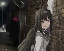 Rule 34 | akemi homura, alley, arm up, arrow (projectile), artist name, black hair, black hairband, black shirt, blood, blood from mouth, capelet, collared shirt, commentary, death, dying, english commentary, hair between eyes, hairband, highres, injury, jitome, joji miller, leaning, leaning on object, magical girl, mahou shoujo madoka magica, mahou shoujo madoka magica (anime), neck ribbon, outdoors, pan-ooh, parody, purple capelet, purple eyes, purple ribbon, ribbon, shirt, slow dancing in the dark (song), tsurime, vest, wall, white vest, wing collar
