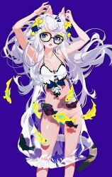 Rule 34 | 1girl, absurdres, animal ears, arms up, black-framed eyewear, blue background, blue eyes, convenient censoring, dress, feet out of frame, fish, glasses, grandia lee, groin, hair ornament, hairclip, highres, long hair, navel, no panties, original, see-through, see-through dress, simple background, solo, swimsuit, tail, very long hair, white dress, white hair