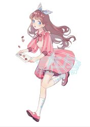 Rule 34 | 1girl, :o, absurdres, apron, blue bow, blue eyes, blush, bow, brown hair, brown ribbon, cookie, dress, food, full body, hair bow, hidari (nanmu-left), highres, holding, holding tray, leg up, long hair, mary janes, neck ribbon, original, pink dress, pink footwear, puffy sleeves, ribbon, running, shoes, socks, solo, striped clothes, striped dress, tray, vertical-striped clothes, vertical-striped dress, watermark, white apron, white background, white socks