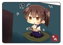 Rule 34 | !?, 1girl, artist name, bad id, bad twitter id, black thighhighs, blue hakama, brown eyes, brown hair, commentary request, controller, dualshock, game controller, gamepad, hair between eyes, hakama, hakama short skirt, hakama skirt, holding, japanese clothes, kaga (kancolle), kantai collection, open mouth, playing games, playstation controller, seiza, short hair, side ponytail, sitting, skirt, solo, taisa (kari), tasuki, thighhighs, v-shaped eyebrows