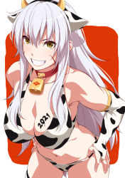 Rule 34 | 1girl, 2021, animal collar, animal ears, animal print, bandana, bell, bikini, breasts, bridal gauntlets, cleavage, collar, commentary, cow ears, cow horns, cow print, cowboy shot, elbow gloves, fake animal ears, fake horns, gloves, grin, hands on own hips, horns, large breasts, leaning forward, long hair, looking at viewer, navel, neck bell, new year, outside border, print bikini, print gloves, qwel 08, red bandana, red collar, rounded corners, sengoku otome, silver hair, smile, solo, standing, swimsuit, takeda shingen (sengoku otome), thighhighs, white bikini, white gloves, yellow eyes