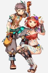 Rule 34 | 1boy, 1girl, alternate costume, bare shoulders, black hair, blush, breasts, brown hair, geetgeet, gloves, hair ornament, looking at viewer, nintendo, open mouth, pyra (xenoblade), red eyes, red hair, rex (xenoblade), sandals, short hair, simple background, smile, xenoblade chronicles (series), xenoblade chronicles 2