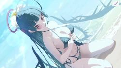 Rule 34 | 1girl, angel wings, animated, bikini, black bikini, black hair, black wings, blue archive, breasts, halo, hands on own chest, highres, large breasts, legs, long hair, looking at viewer, naughty face, navel, ocean, official art, ponytail, red eyes, sand, screencap, seashore, seiza, sitting, smile, swimsuit, tagme, thighs, tsurugi (blue archive), very long hair, video, video, wet, wings