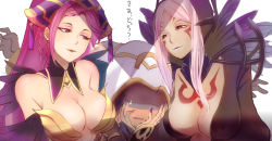 Rule 34 | 1other, 2girls, aversa (fire emblem), black gloves, breasts, cleavage, dark skin, dark-skinned female, detached collar, facial mark, feathers, fire emblem, fire emblem awakening, fire emblem heroes, gloves, hand on another&#039;s face, hat, hood, hood up, kiran (fire emblem), large breasts, loki (fire emblem), long hair, multiple girls, nail polish, nintendo, oka (umanihiki), parted lips, purple eyes, purple hair, red eyes, robe, silver hair, simple background, turtleneck, white background