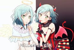 Rule 34 | 10s, 2girls, :p, angel and devil, angel wings, bang dream!, black background, blue hair, braid, breasts, candy, capelet, cleavage, clothing cutout, commentary, cross-laced clothes, crown, demon horns, demon tail, demon wings, dress, dual persona, earrings, english commentary, english text, food, frilled capelet, frills, fur-trimmed gloves, fur collar, fur trim, gloves, green eyes, hairband, halo, heart, heart earrings, highres, hikawa hina, horns, jewelry, licking, lollipop, long sleeves, looking at viewer, medium breasts, mini crown, multiple girls, navel cutout, pink gloves, polka dot, polka dot skirt, raikou104, short hair, side braids, skirt, striped clothes, striped dress, tail, tongue, tongue out, two-tone background, v-shaped eyebrows, vertical-striped clothes, vertical-striped dress, white background, white dress, wings